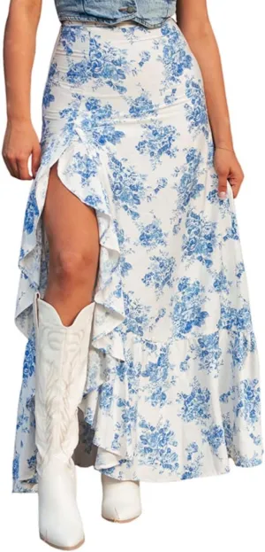 Apvirdy Women's Boho Floral High Waist Ruffle Split Maxi Skirt Prnted Slim Fit Summer Flowy Long Skirt