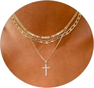 ASCOMY Layered Necklaces for Women Gold Necklace 14K Gold/Silver Plated Pendant Necklace Layered Cross Necklace Paperclip Rope Bead Box Satellite Dot Chain Necklaces Gold Choker Trendy Jewelry Gift