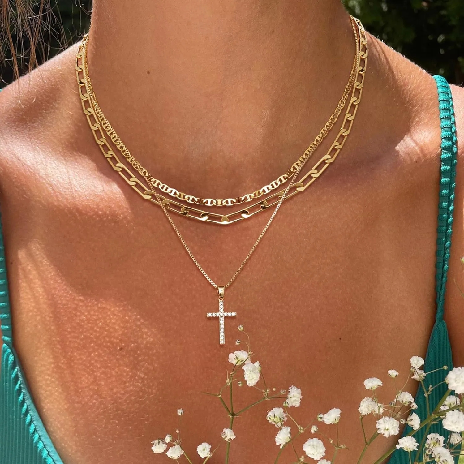 ASCOMY Layered Necklaces for Women Gold Necklace 14K Gold/Silver Plated Pendant Necklace Layered Cross Necklace Paperclip Rope Bead Box Satellite Dot Chain Necklaces Gold Choker Trendy Jewelry Gift