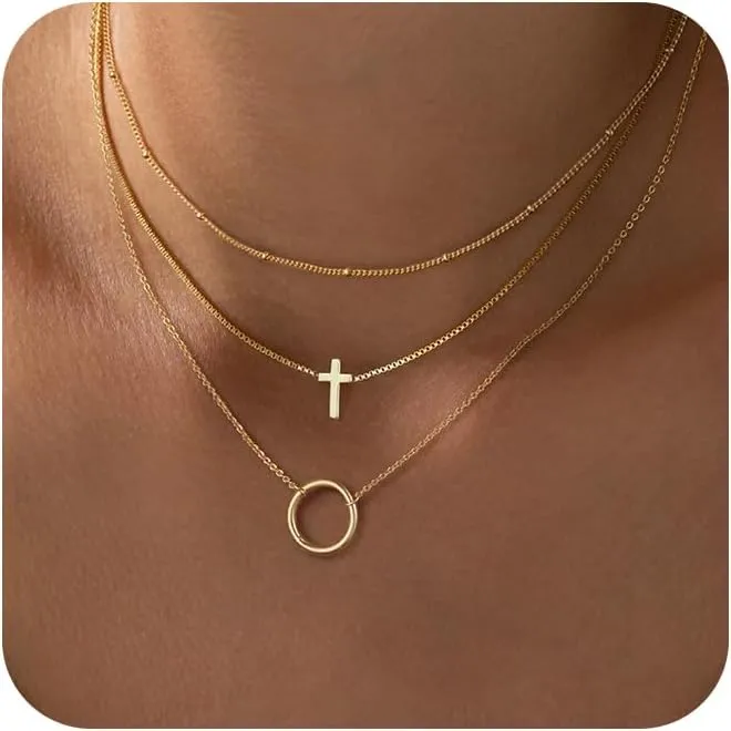 ASCOMY Layered Necklaces for Women Gold Necklace 14K Gold/Silver Plated Pendant Necklace Layered Cross Necklace Paperclip Rope Bead Box Satellite Dot Chain Necklaces Gold Choker Trendy Jewelry Gift
