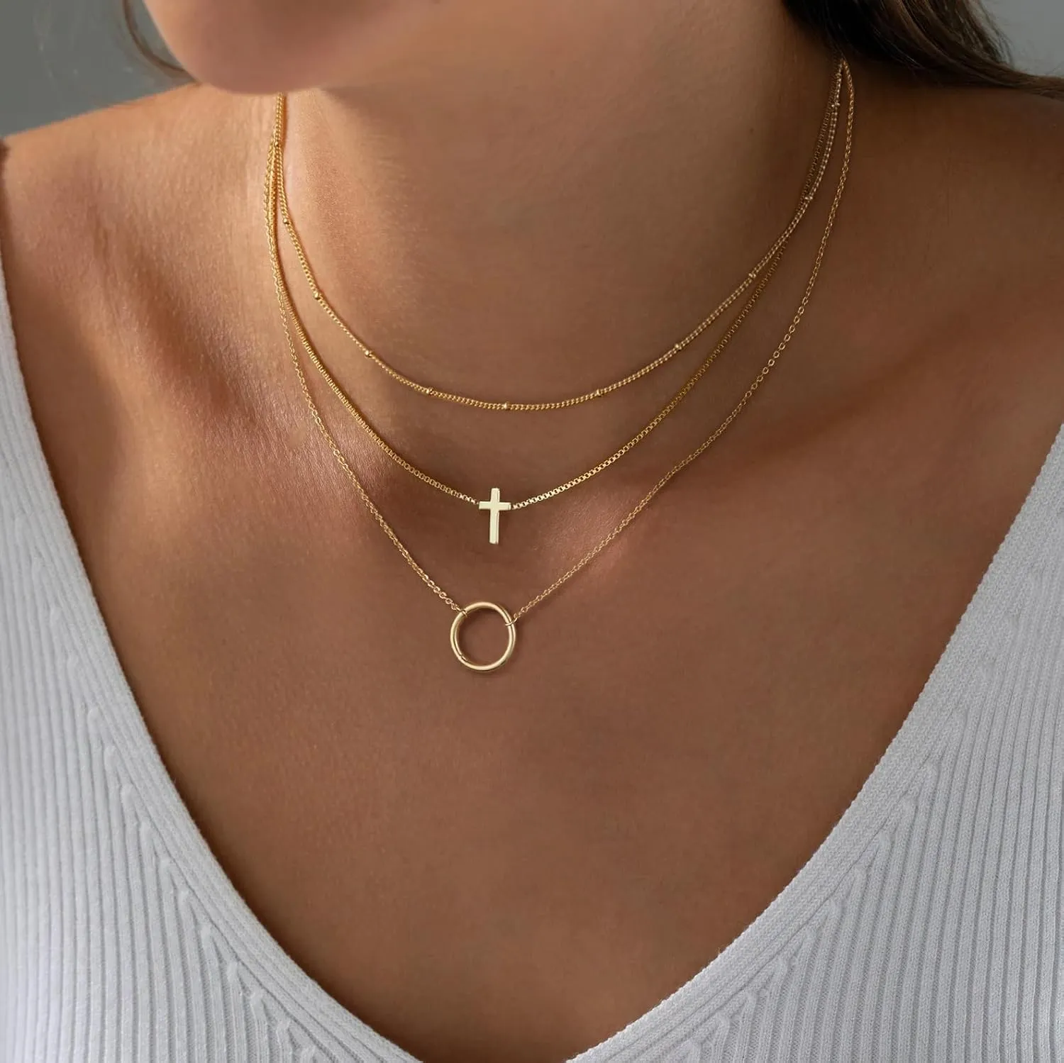 ASCOMY Layered Necklaces for Women Gold Necklace 14K Gold/Silver Plated Pendant Necklace Layered Cross Necklace Paperclip Rope Bead Box Satellite Dot Chain Necklaces Gold Choker Trendy Jewelry Gift