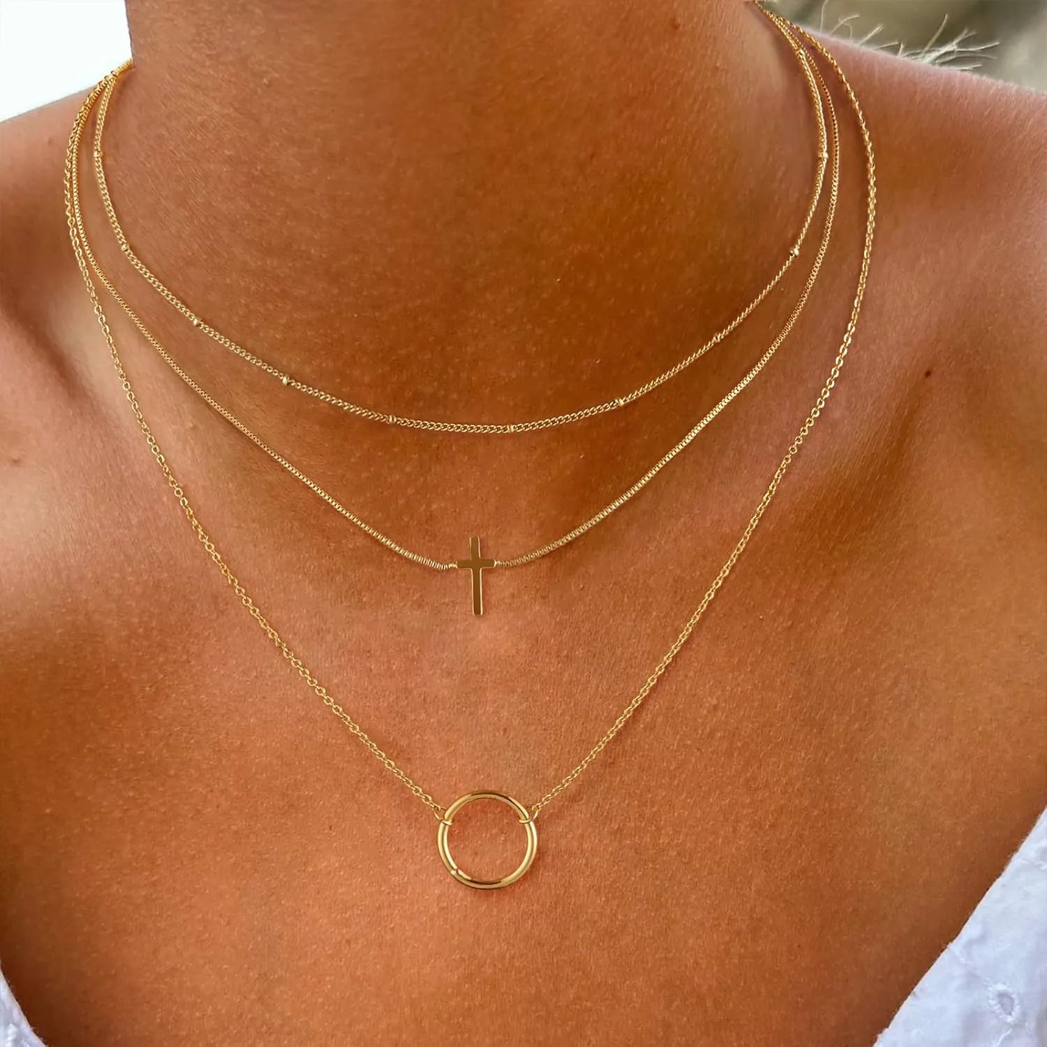 ASCOMY Layered Necklaces for Women Gold Necklace 14K Gold/Silver Plated Pendant Necklace Layered Cross Necklace Paperclip Rope Bead Box Satellite Dot Chain Necklaces Gold Choker Trendy Jewelry Gift