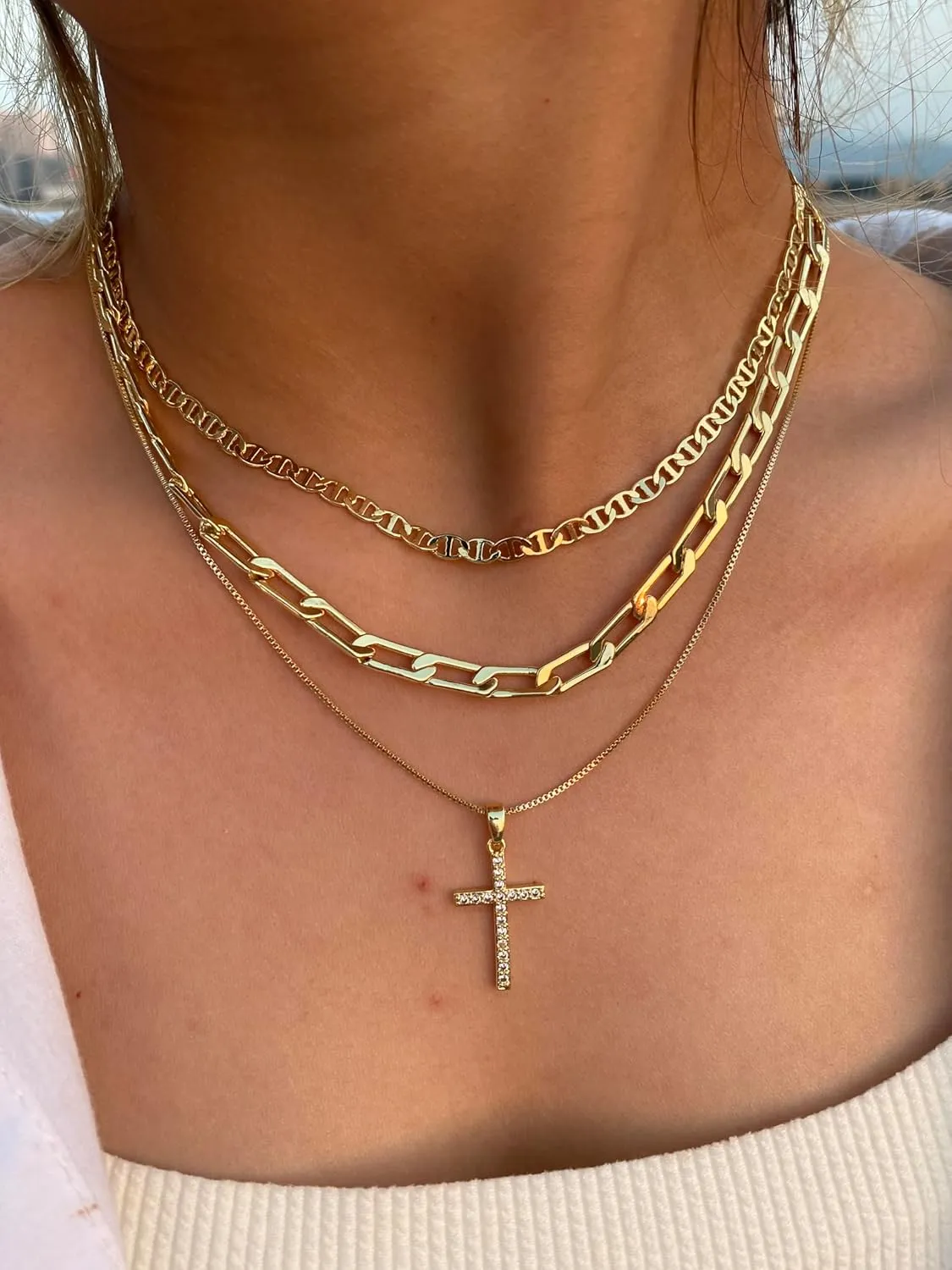 ASCOMY Layered Necklaces for Women Gold Necklace 14K Gold/Silver Plated Pendant Necklace Layered Cross Necklace Paperclip Rope Bead Box Satellite Dot Chain Necklaces Gold Choker Trendy Jewelry Gift