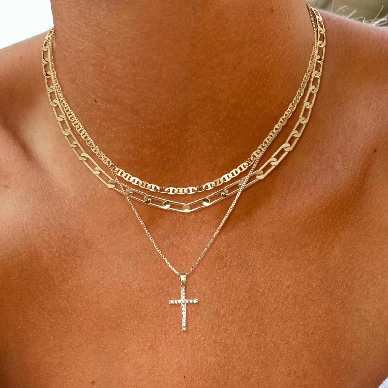 ASCOMY Layered Necklaces for Women Gold Necklace 14K Gold/Silver Plated Pendant Necklace Layered Cross Necklace Paperclip Rope Bead Box Satellite Dot Chain Necklaces Gold Choker Trendy Jewelry Gift