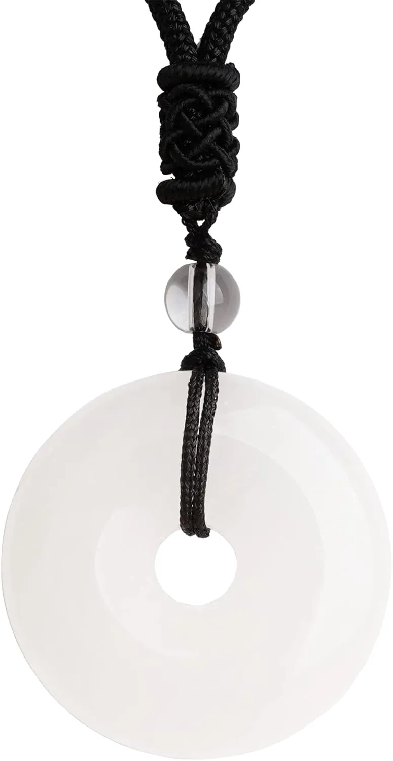 ASGIFT Lucky Coin Crystal Necklace 30mm Round Donut Natural Quartz Protection Pendant with Adjustable Rope Reiki Healing Crystal Stone Spiritual Necklaces for Men Women