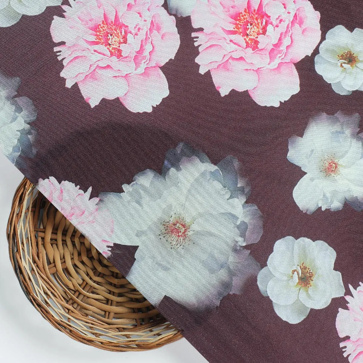 Attractive Pink Roses With Grey Digital Printed Fabric - Silk Crepe