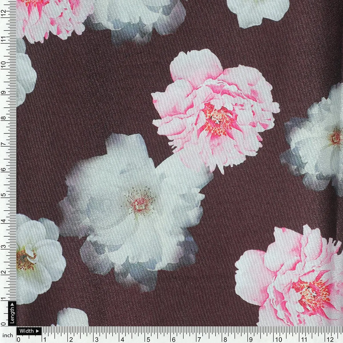 Attractive Pink Roses With Grey Digital Printed Fabric - Silk Crepe