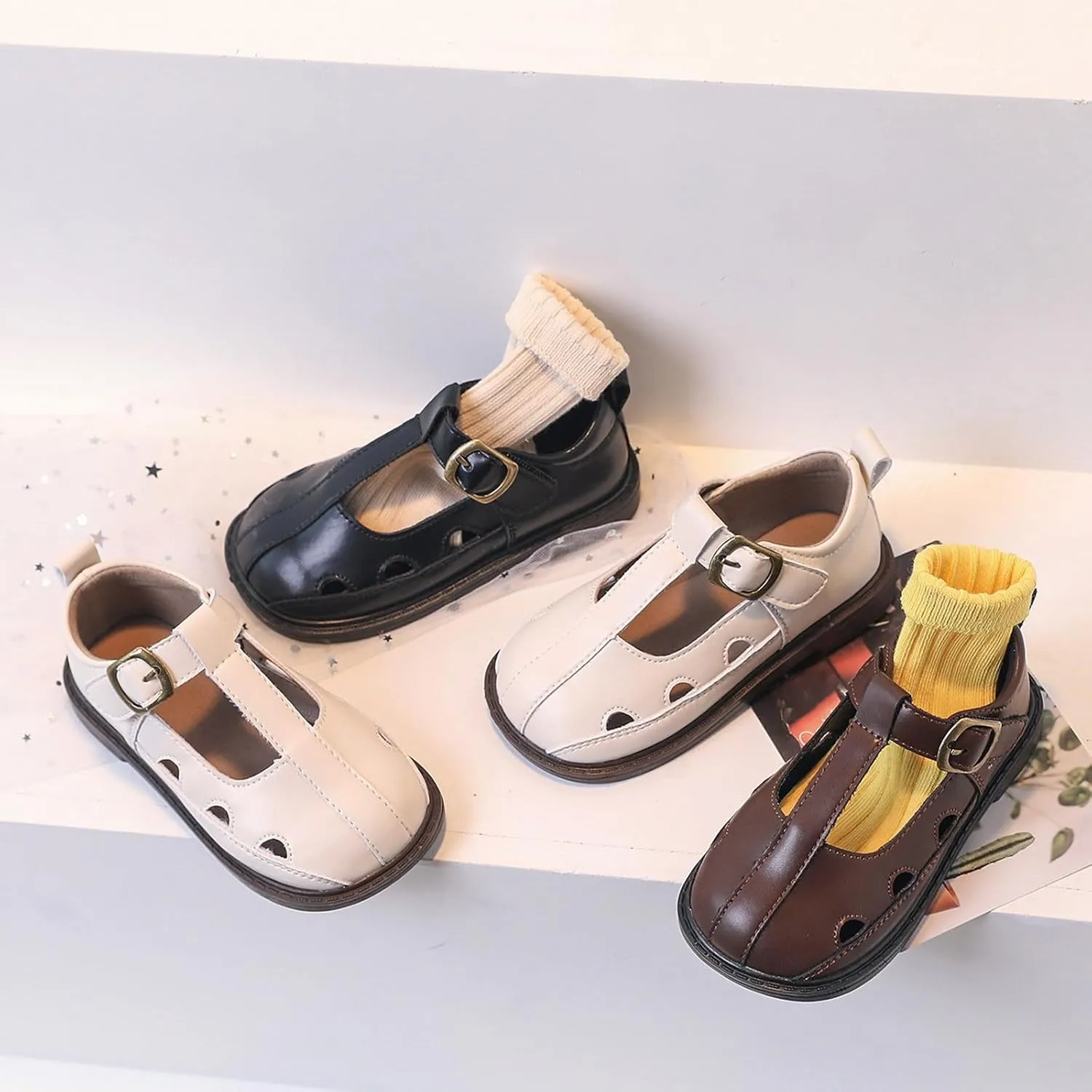 Baby Girls Leather Closed Toe Sandals Rubber Sole Buckle Ankle Shoes Toddler Newborn Non Slip Mary Jane Hollow Shoes
