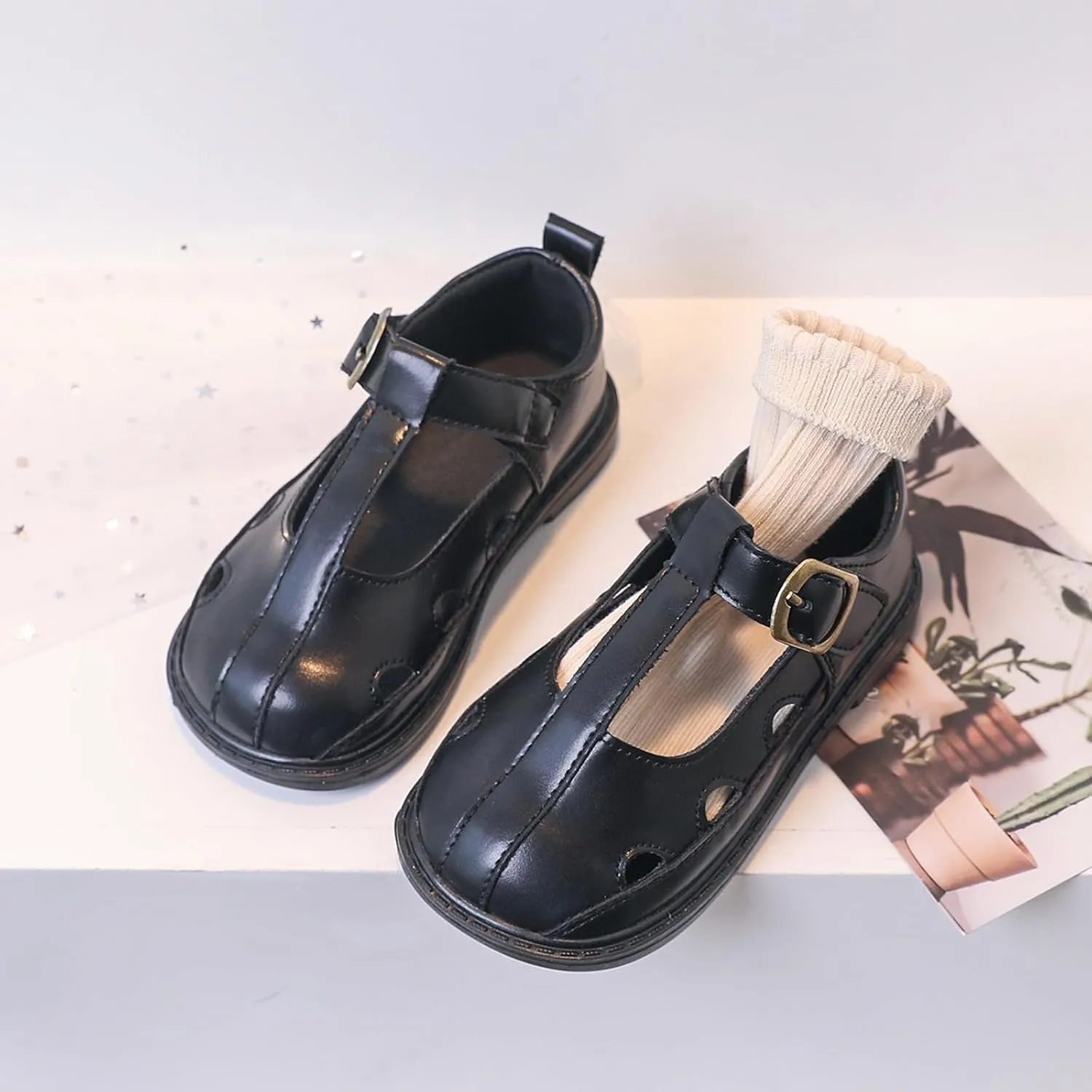 Baby Girls Leather Closed Toe Sandals Rubber Sole Buckle Ankle Shoes Toddler Newborn Non Slip Mary Jane Hollow Shoes