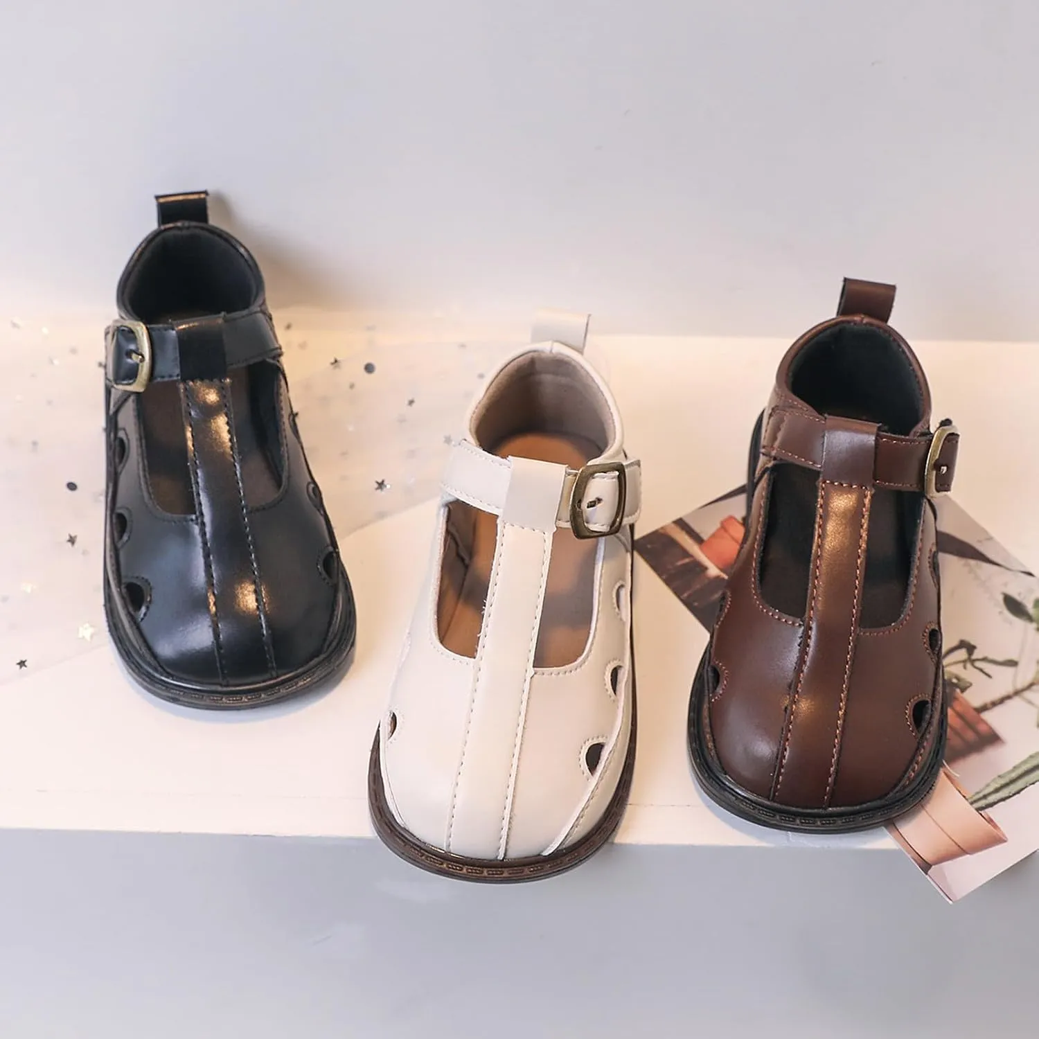 Baby Girls Leather Closed Toe Sandals Rubber Sole Buckle Ankle Shoes Toddler Newborn Non Slip Mary Jane Hollow Shoes