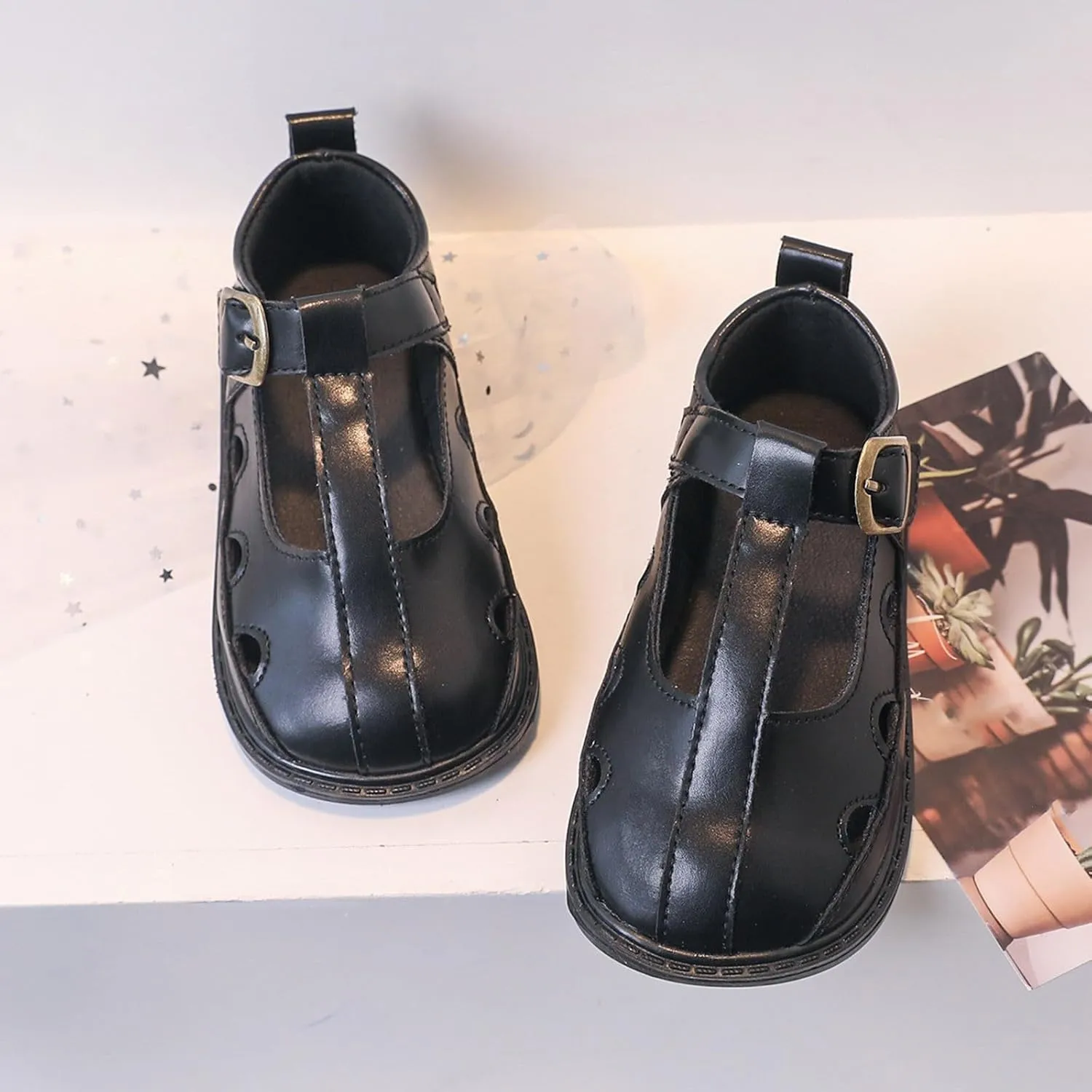 Baby Girls Leather Closed Toe Sandals Rubber Sole Buckle Ankle Shoes Toddler Newborn Non Slip Mary Jane Hollow Shoes
