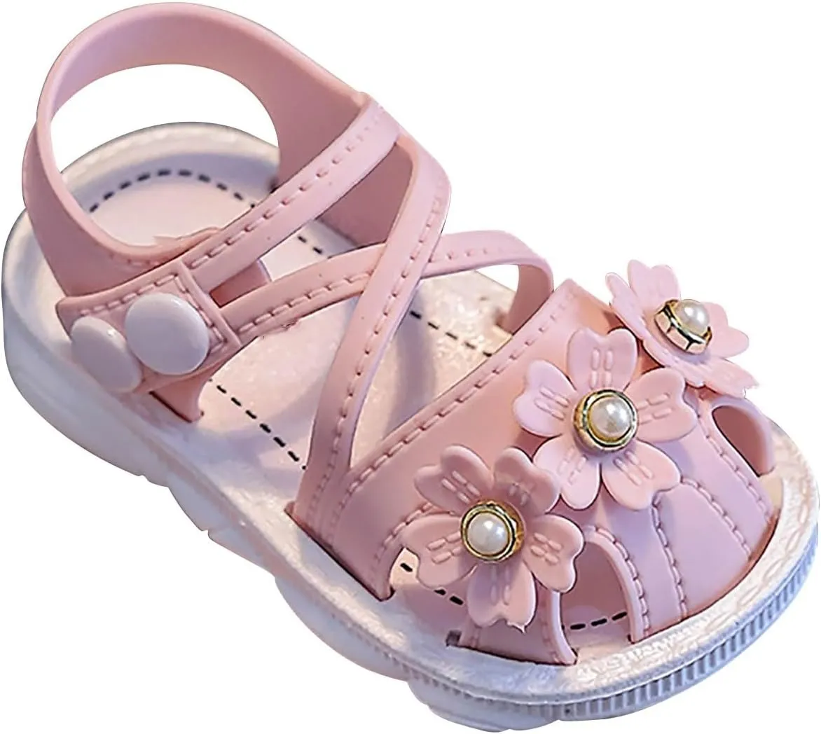 Baby Girls Pearl Flower Sandals Foam Soft Leather Non Slip Water Shoes Toddler Kids Bump Toe Summer Casual Sandals