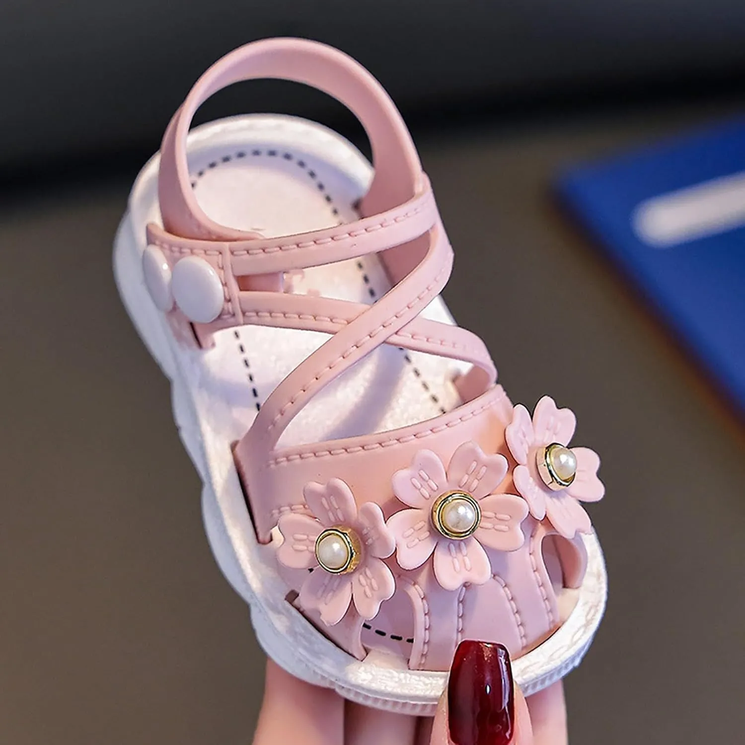 Baby Girls Pearl Flower Sandals Foam Soft Leather Non Slip Water Shoes Toddler Kids Bump Toe Summer Casual Sandals