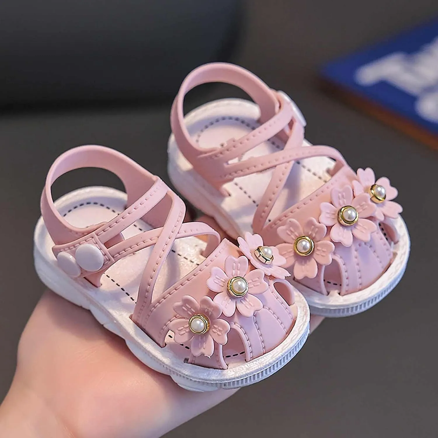 Baby Girls Pearl Flower Sandals Foam Soft Leather Non Slip Water Shoes Toddler Kids Bump Toe Summer Casual Sandals