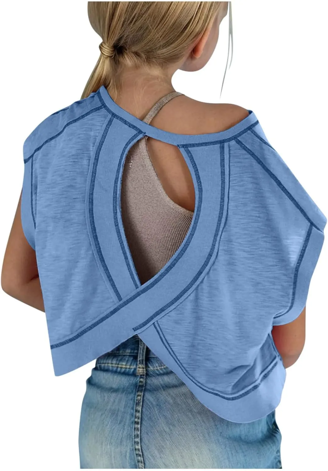 Backless Tops for Girls Open Back Workout Short Sleeve Gym Shirts Summer Casual Yoga Y2k Athletic Crop Running Tees