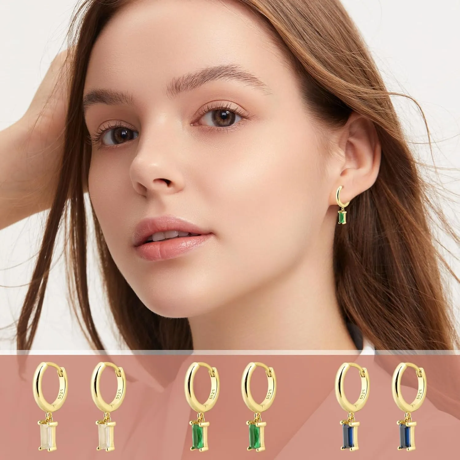 Baguette Drop Huggie Hoop Earrings, Natural Crystal Dangle Drop Earrings, 14K Gold Plated Hypoallergenic Small Hoop Drop Earrings for Women Girls Gifts (Green)