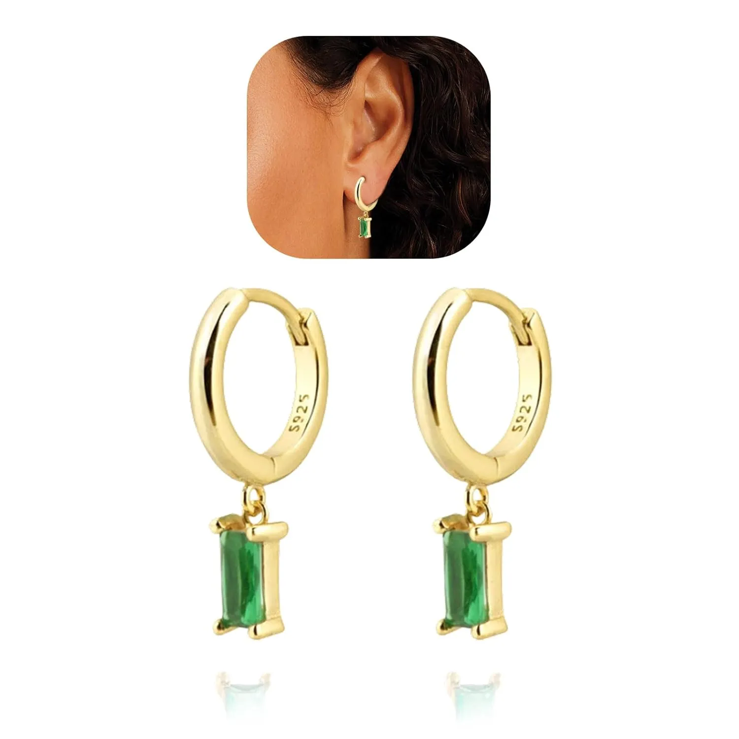 Baguette Drop Huggie Hoop Earrings, Natural Crystal Dangle Drop Earrings, 14K Gold Plated Hypoallergenic Small Hoop Drop Earrings for Women Girls Gifts (Green)