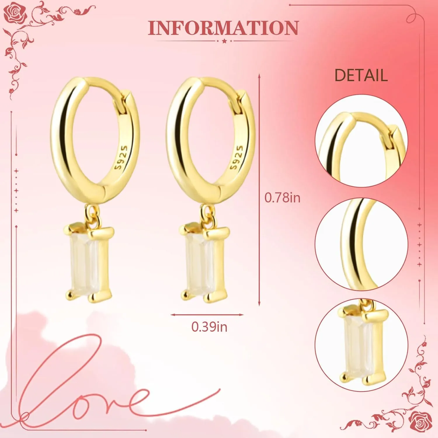 Baguette Drop Huggie Hoop Earrings, Natural Crystal Dangle Drop Earrings, 14K Gold Plated Hypoallergenic Small Hoop Drop Earrings for Women Girls Gifts (Green)