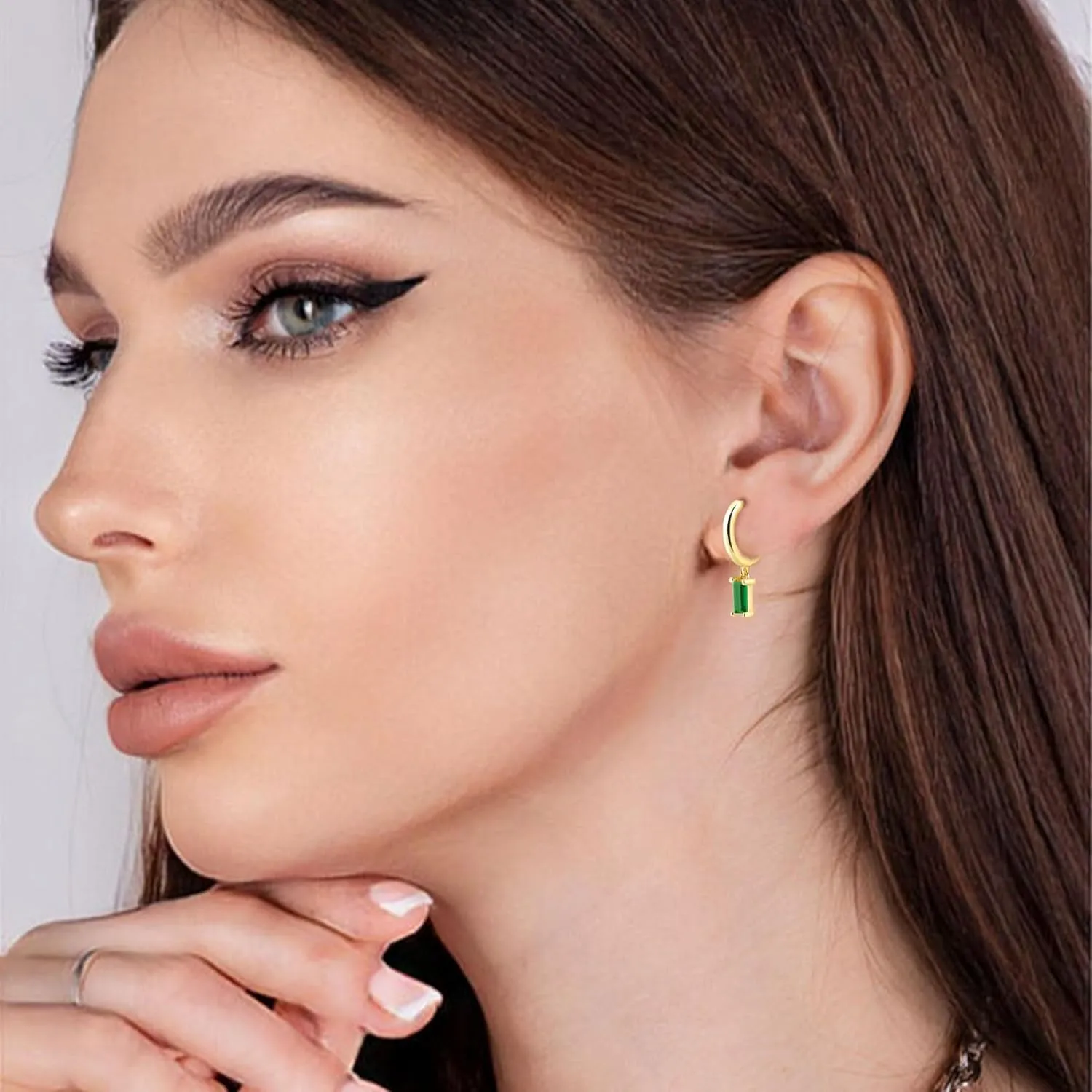 Baguette Drop Huggie Hoop Earrings, Natural Crystal Dangle Drop Earrings, 14K Gold Plated Hypoallergenic Small Hoop Drop Earrings for Women Girls Gifts (Green)
