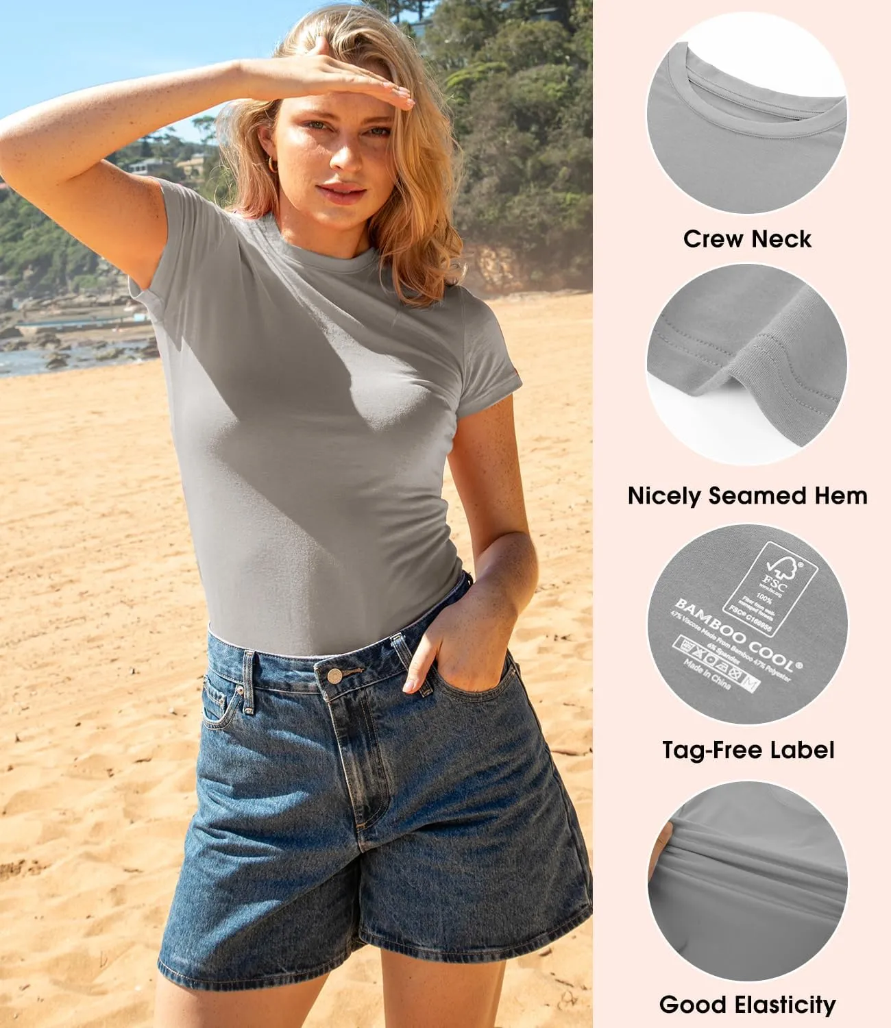 BAMBOO COOL Women's Soft T-Shirts Short Sleeve Slim Fit Tops for Women Cute Tight Basic Tees