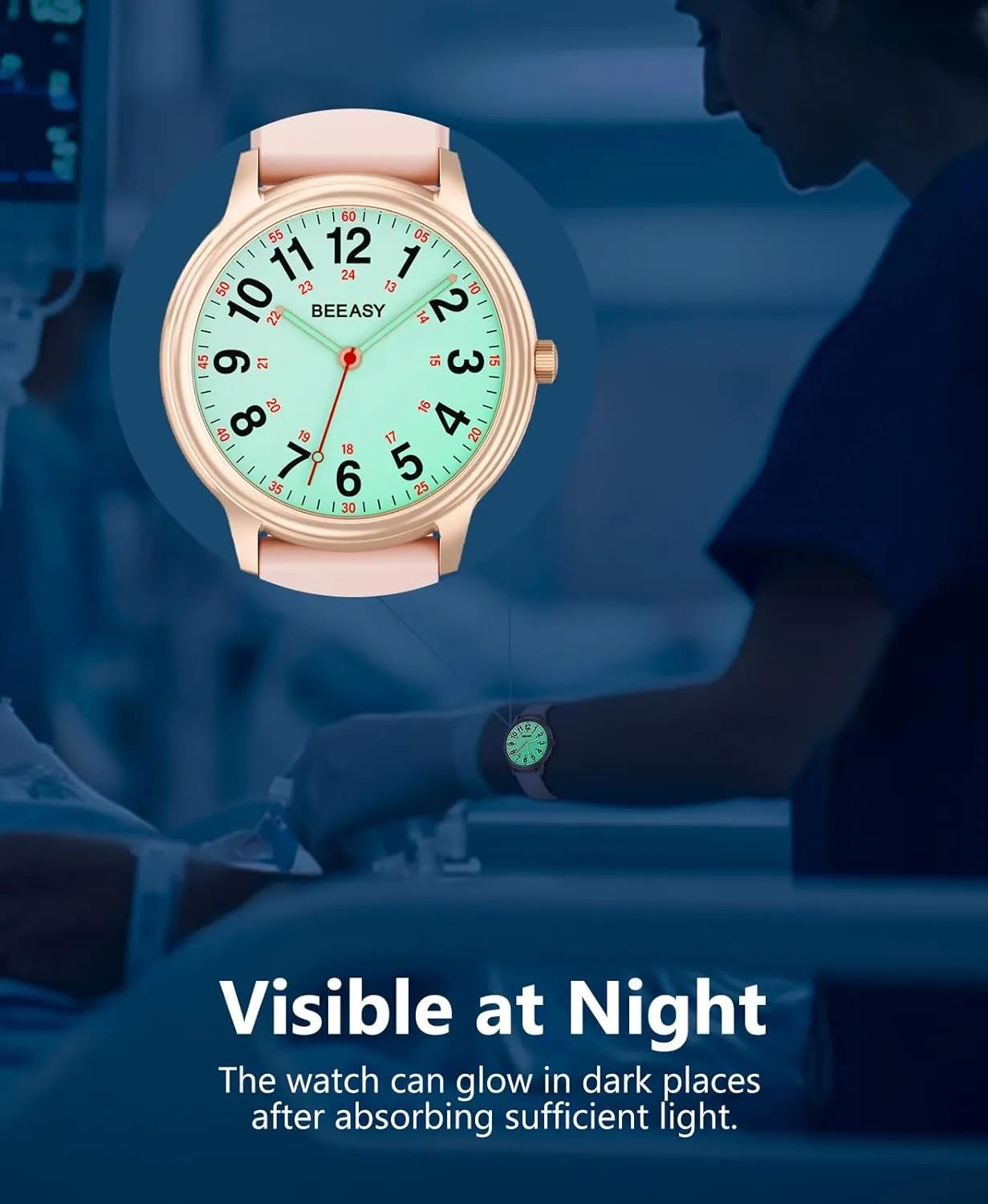 Beeasy Nurse Watch Waterproof for Medical Professionals Students Women Men,Watches with Second Hand Nursing 12/24 Hour, Easy Read Dial and Silicone Band, Military Time Luminouse