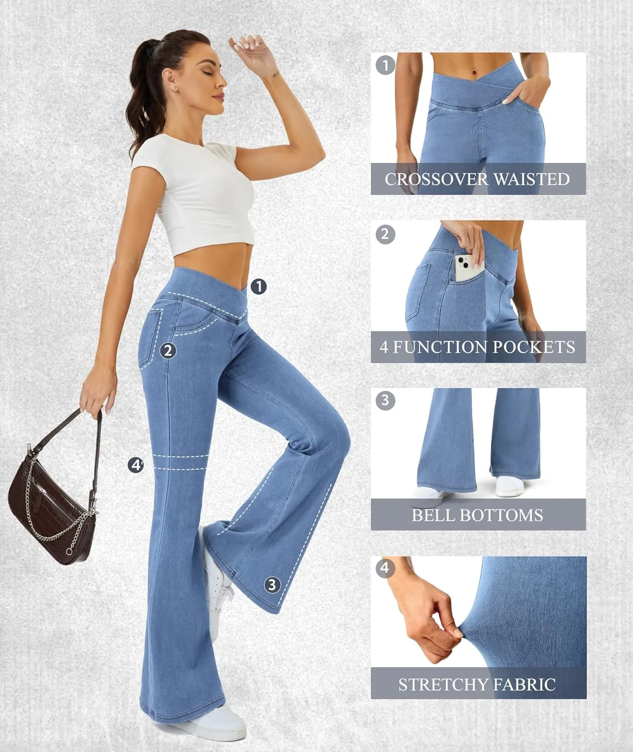 Bell Bottom Jeans for Women Trendy High Waisted Crossover Stretchy Jeans Flare Leggings with Pockets Y2k Jeggings