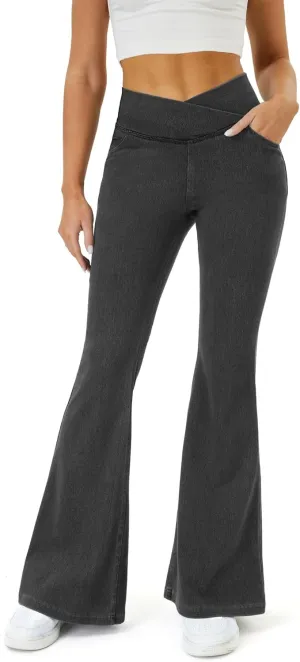 Bell Bottom Jeans for Women Trendy High Waisted Crossover Stretchy Jeans Flare Leggings with Pockets Y2k Jeggings