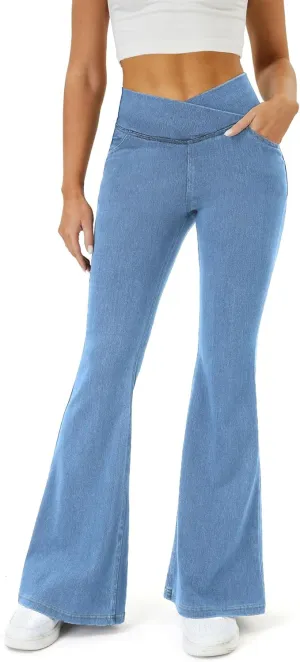 Bell Bottom Jeans for Women Trendy High Waisted Crossover Stretchy Jeans Flare Leggings with Pockets Y2k Jeggings
