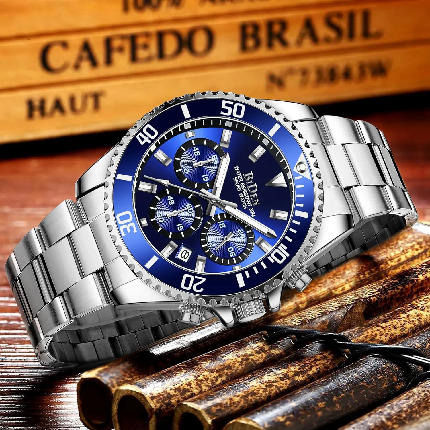 BIDEN Mens Watches Chronograph Stainless Steel Waterproof Date Analog Quartz Watch Business Wrist Watches for Men