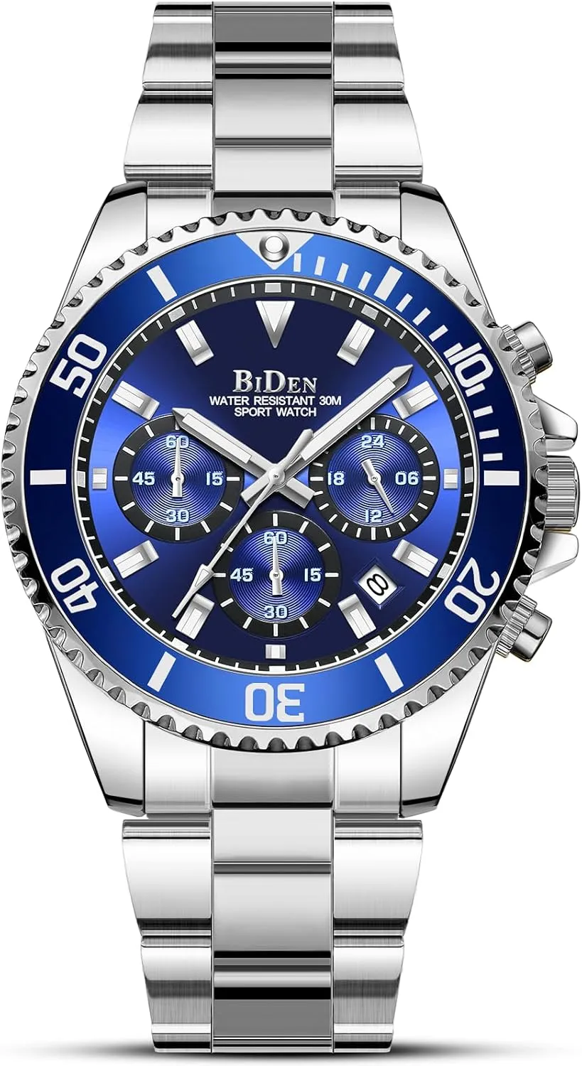 BIDEN Mens Watches Chronograph Stainless Steel Waterproof Date Analog Quartz Watch Business Wrist Watches for Men