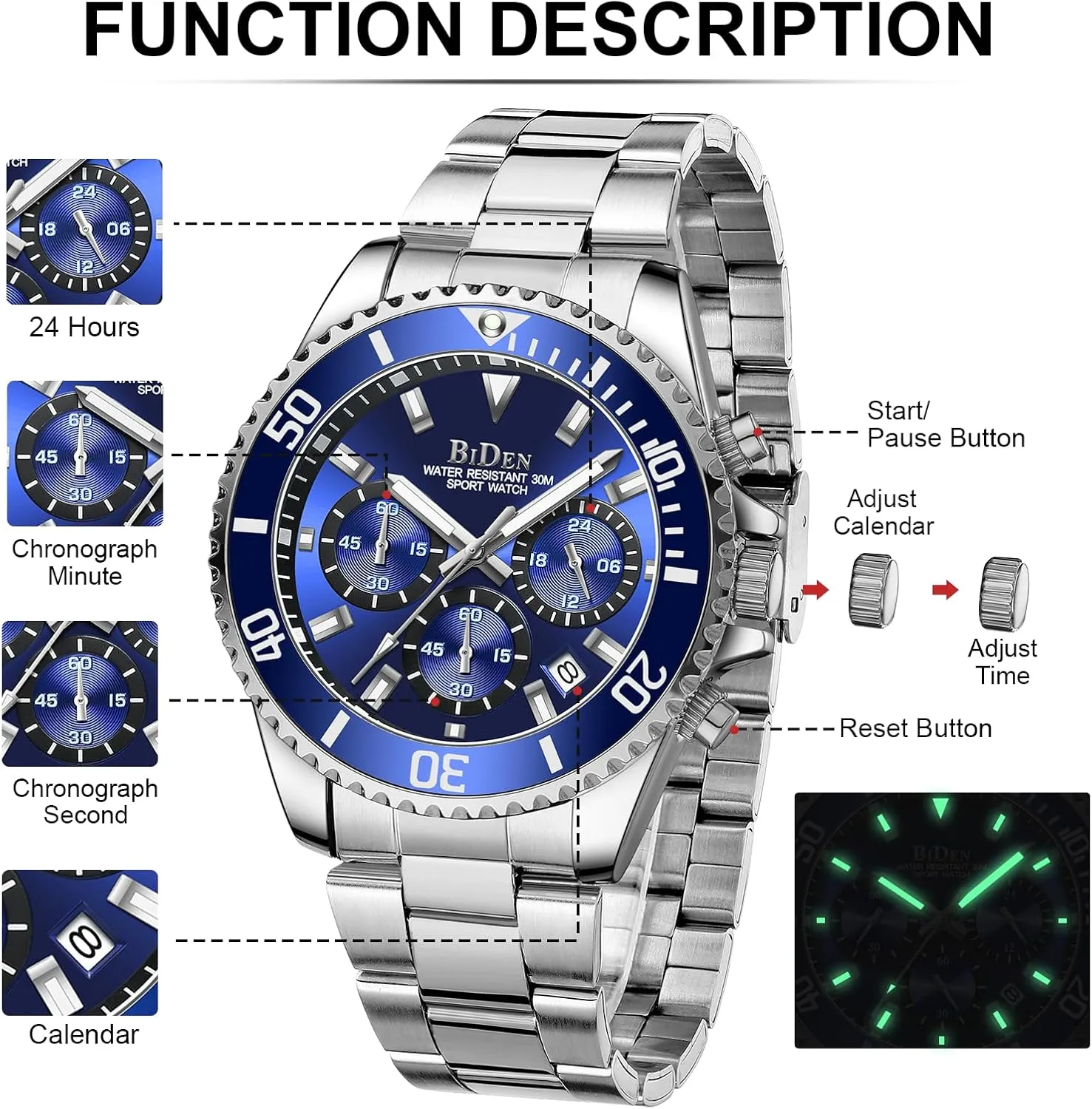 BIDEN Mens Watches Chronograph Stainless Steel Waterproof Date Analog Quartz Watch Business Wrist Watches for Men