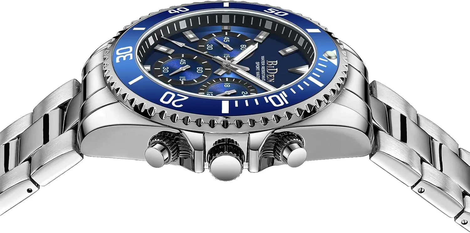 BIDEN Mens Watches Chronograph Stainless Steel Waterproof Date Analog Quartz Watch Business Wrist Watches for Men