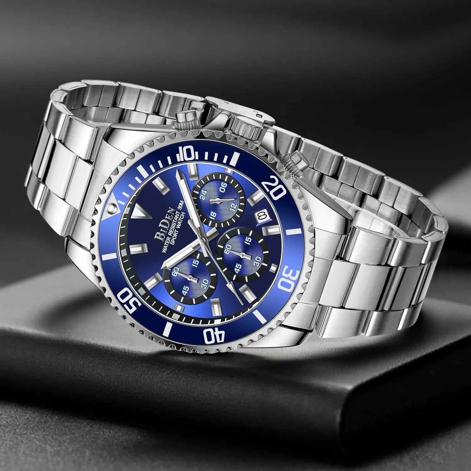 BIDEN Mens Watches Chronograph Stainless Steel Waterproof Date Analog Quartz Watch Business Wrist Watches for Men