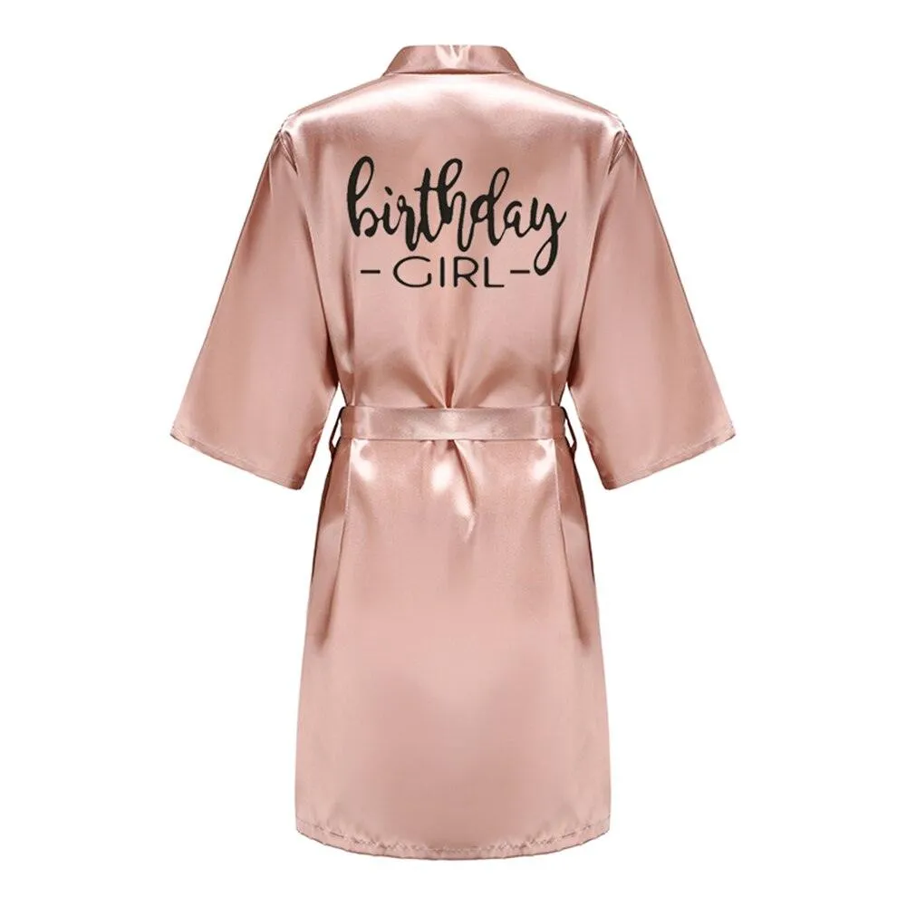 Birthday Party Girl & Entourage Robes Satin Pajamas Dressing Gown Black White Writing Letter Kimono S-4XL