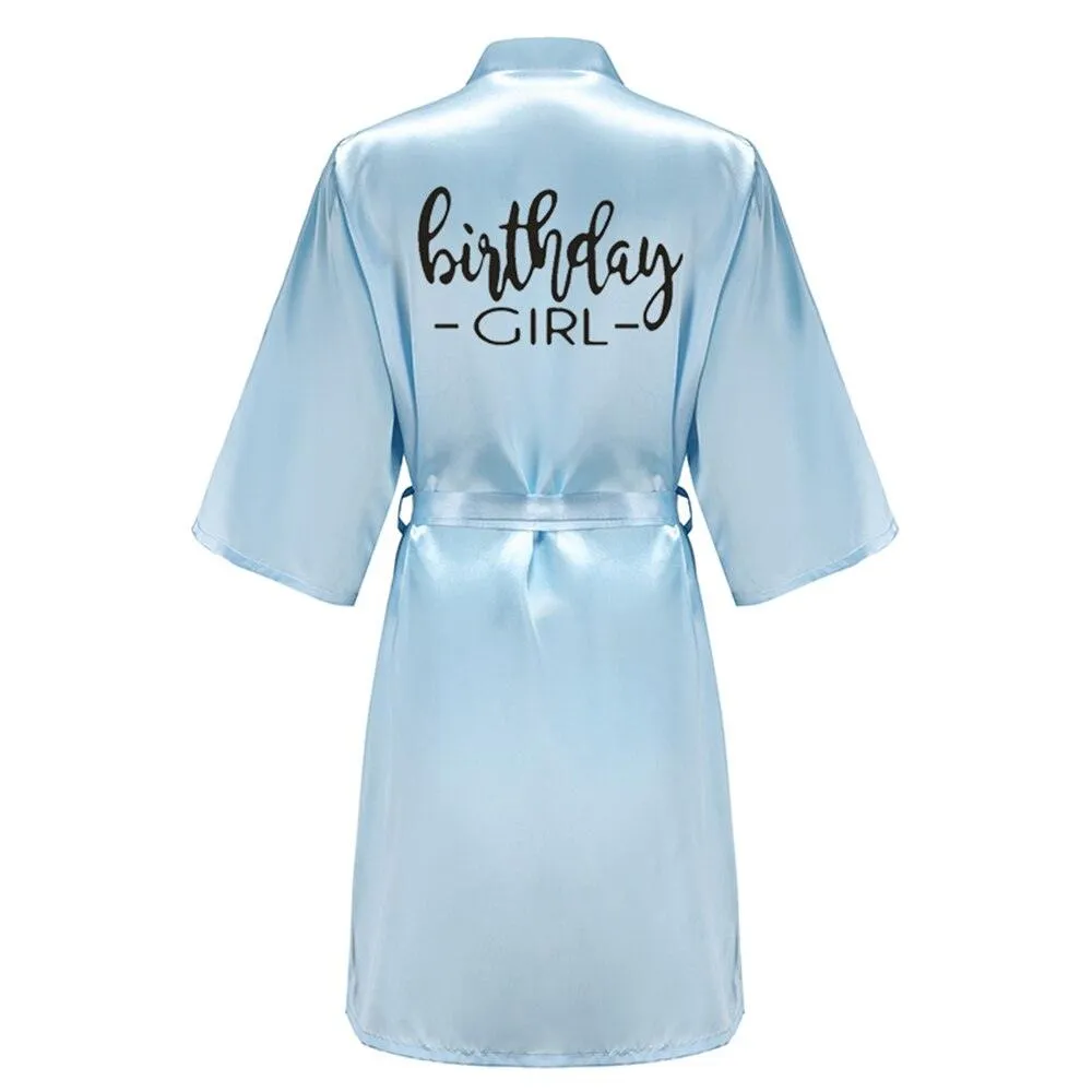 Birthday Party Girl & Entourage Robes Satin Pajamas Dressing Gown Black White Writing Letter Kimono S-4XL