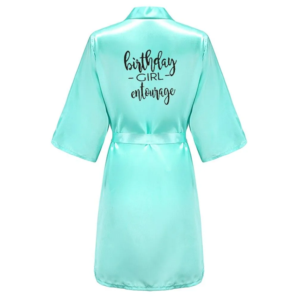 Birthday Party Girl & Entourage Robes Satin Pajamas Dressing Gown Black White Writing Letter Kimono S-4XL