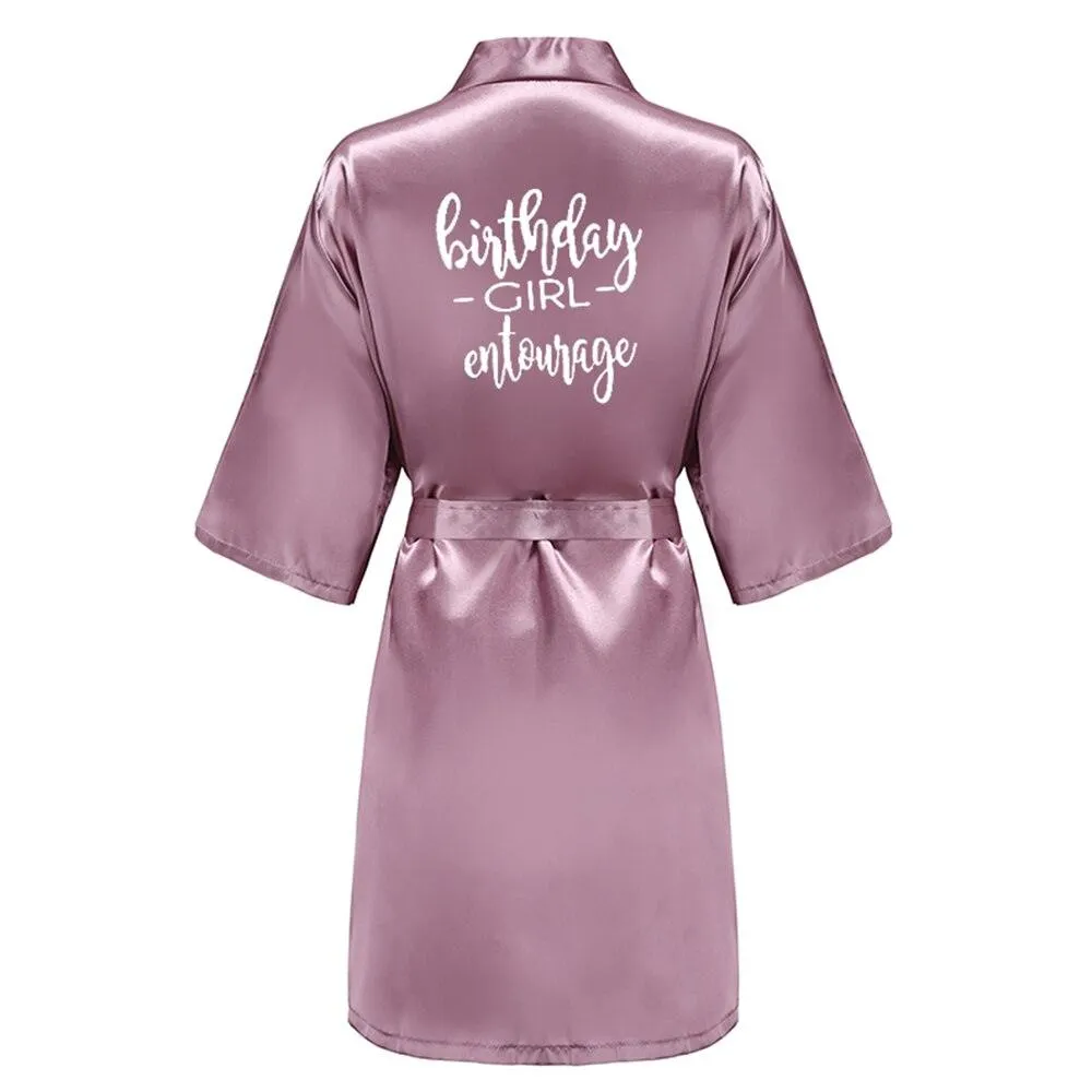 Birthday Party Girl & Entourage Robes Satin Pajamas Dressing Gown Black White Writing Letter Kimono S-4XL