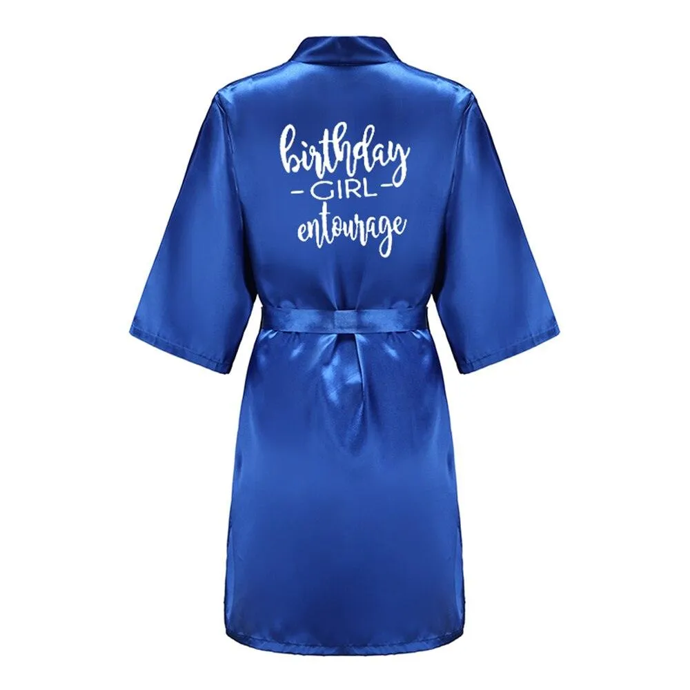 Birthday Party Girl & Entourage Robes Satin Pajamas Dressing Gown Black White Writing Letter Kimono S-4XL