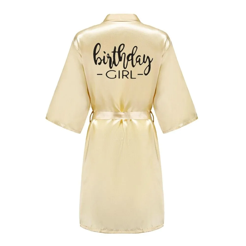 Birthday Party Girl & Entourage Robes Satin Pajamas Dressing Gown Black White Writing Letter Kimono S-4XL