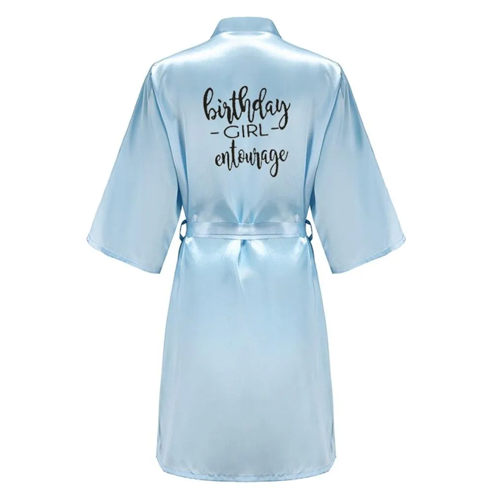 Birthday Party Girl & Entourage Robes Satin Pajamas Dressing Gown Black White Writing Letter Kimono S-4XL