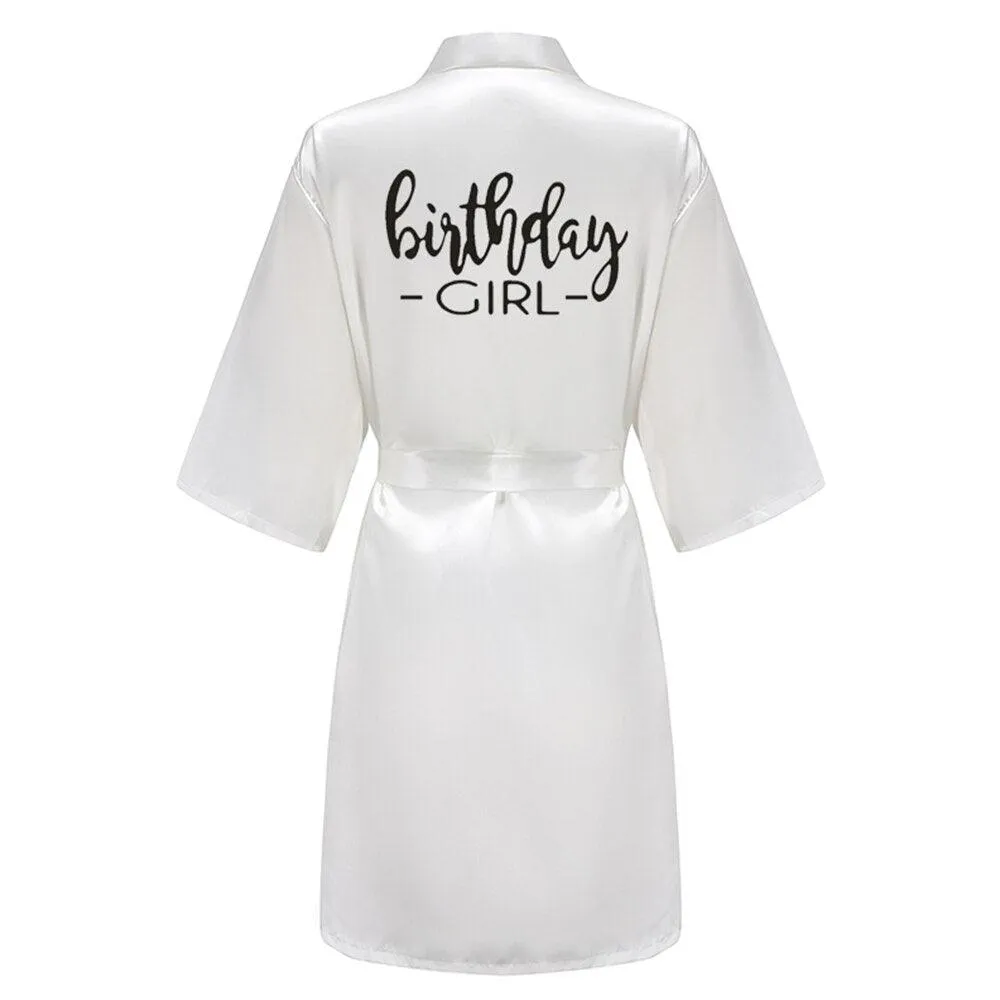 Birthday Party Girl & Entourage Robes Satin Pajamas Dressing Gown Black White Writing Letter Kimono S-4XL