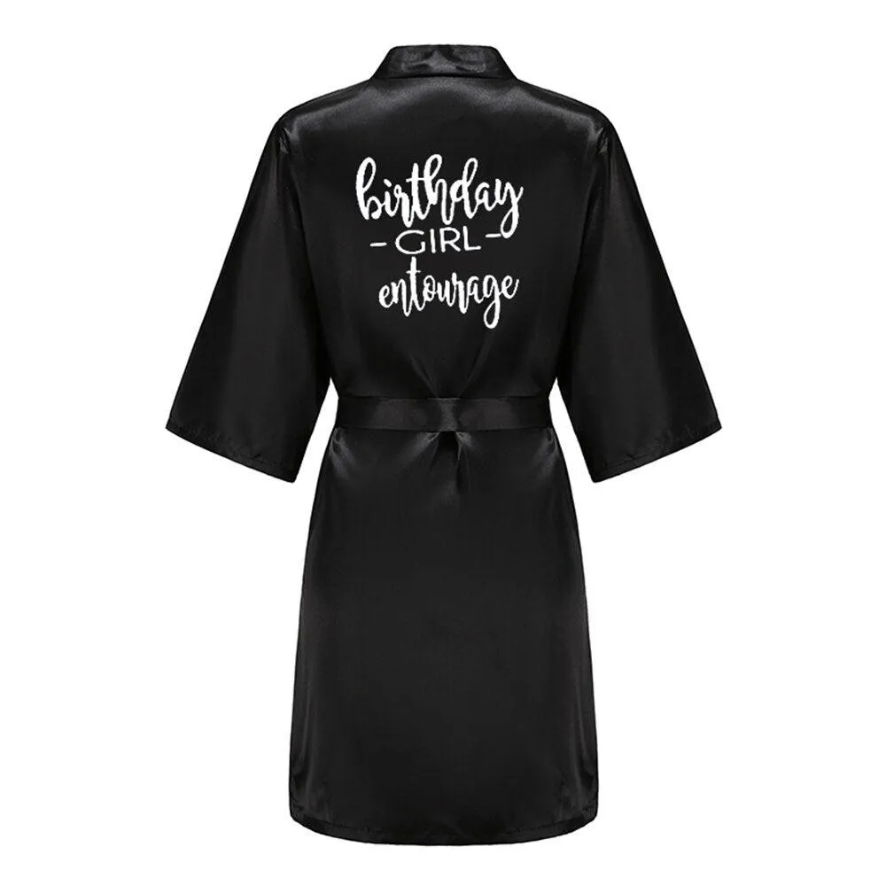 Birthday Party Girl & Entourage Robes Satin Pajamas Dressing Gown Black White Writing Letter Kimono S-4XL