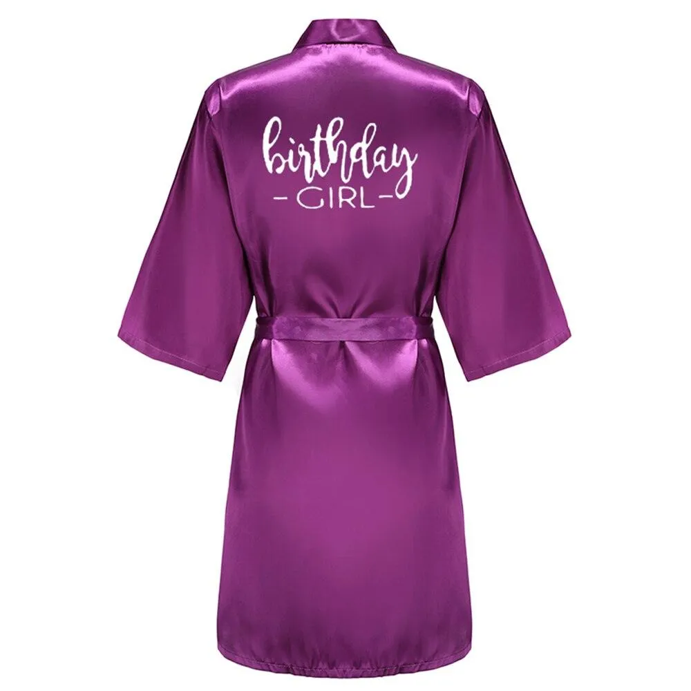 Birthday Party Girl & Entourage Robes Satin Pajamas Dressing Gown Black White Writing Letter Kimono S-4XL