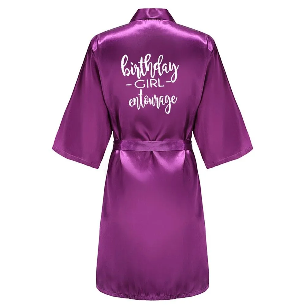 Birthday Party Girl & Entourage Robes Satin Pajamas Dressing Gown Black White Writing Letter Kimono S-4XL