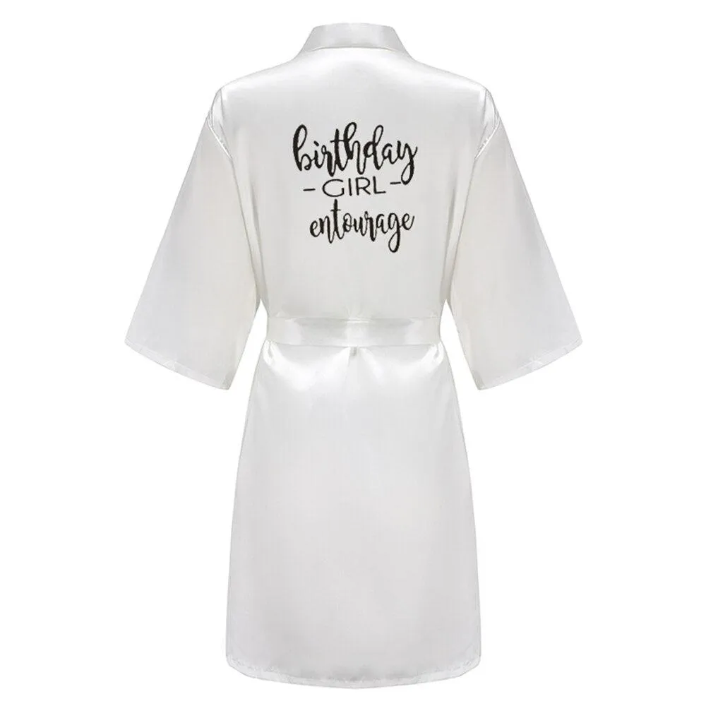 Birthday Party Girl & Entourage Robes Satin Pajamas Dressing Gown Black White Writing Letter Kimono S-4XL