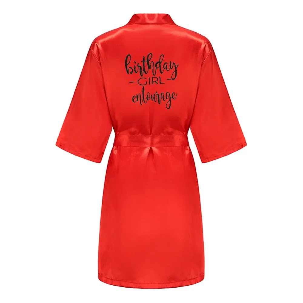Birthday Party Girl & Entourage Robes Satin Pajamas Dressing Gown Black White Writing Letter Kimono S-4XL