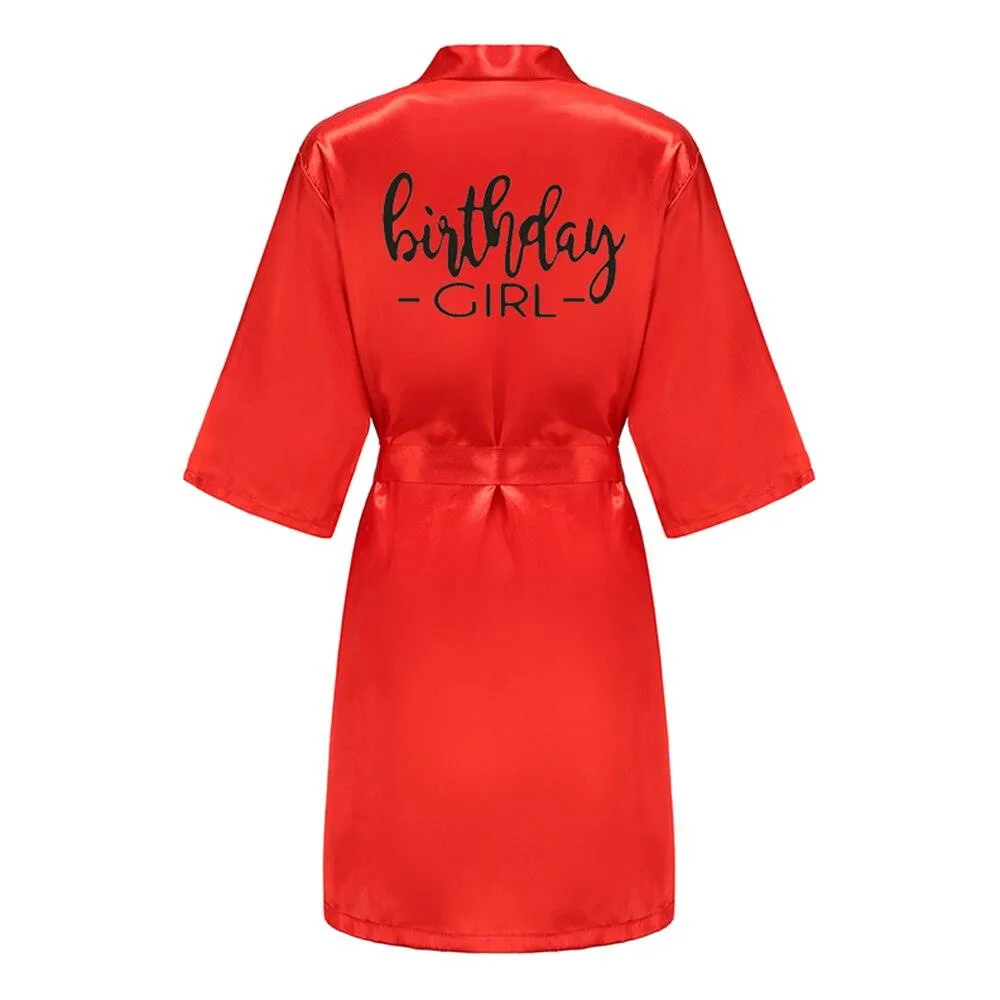 Birthday Party Girl & Entourage Robes Satin Pajamas Dressing Gown Black White Writing Letter Kimono S-4XL