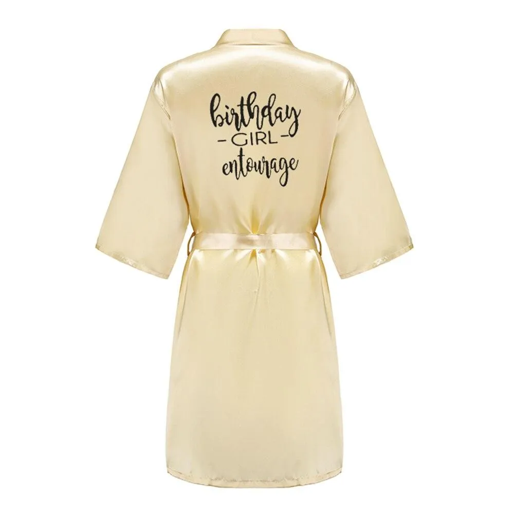 Birthday Party Girl & Entourage Robes Satin Pajamas Dressing Gown Black White Writing Letter Kimono S-4XL