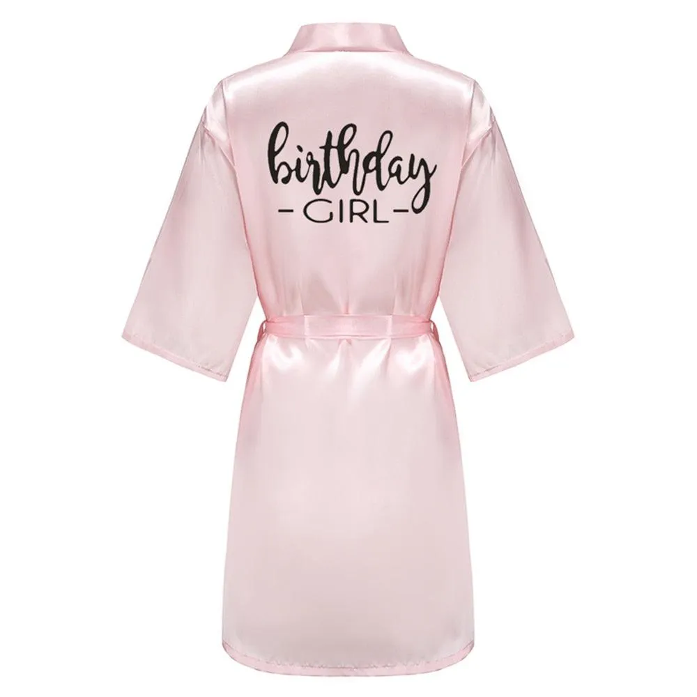 Birthday Party Girl & Entourage Robes Satin Pajamas Dressing Gown Black White Writing Letter Kimono S-4XL