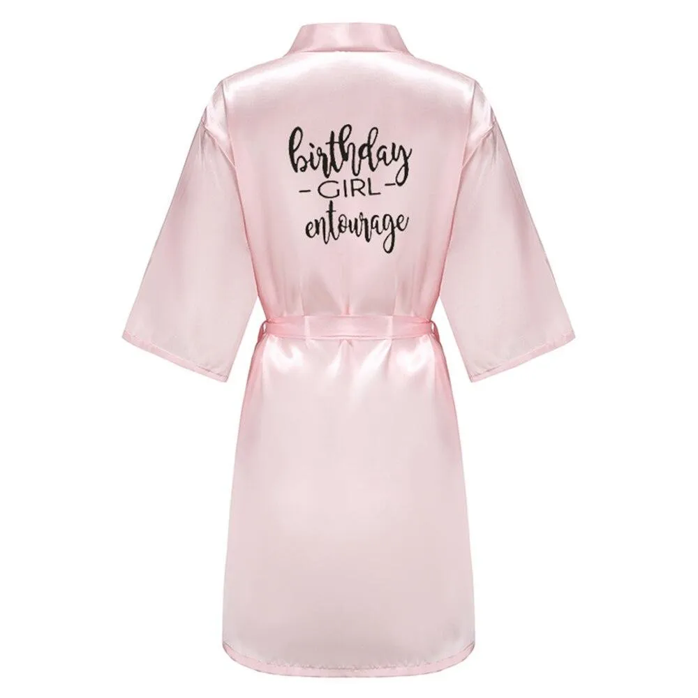 Birthday Party Girl & Entourage Robes Satin Pajamas Dressing Gown Black White Writing Letter Kimono S-4XL